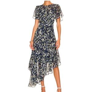 ASTR blue Green Floral Flutter Sleeve Maxi Dress Asymmetrical Hem Flowy XS